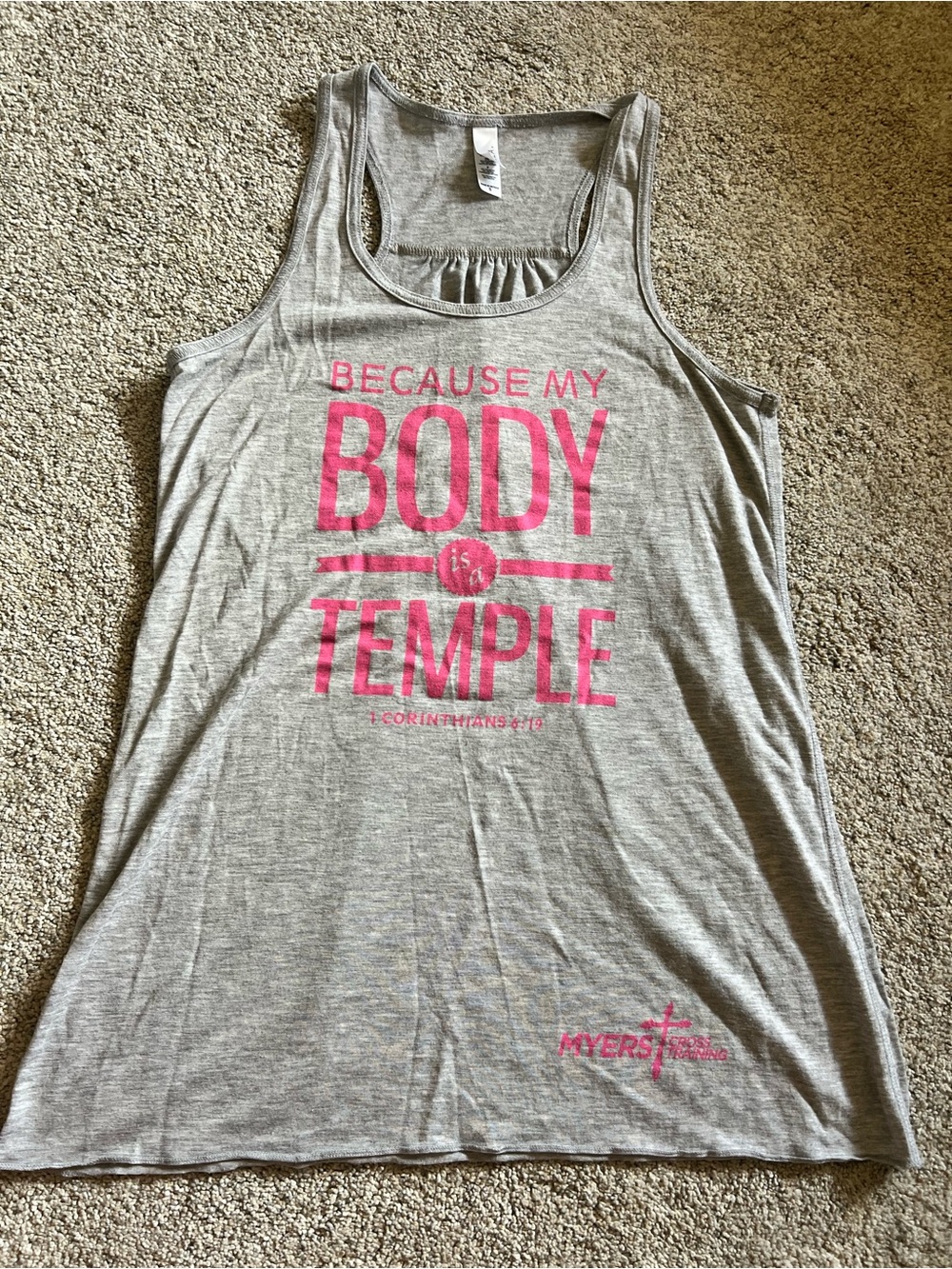"Because My Body Is A Temple" Grey Racerback Athletic Tank with Pink Print S